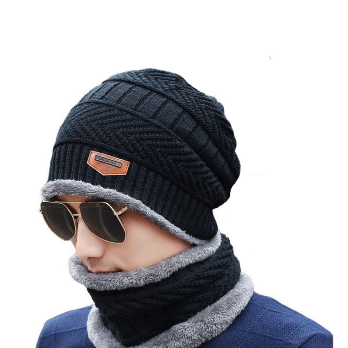 Beanie Cap Neck Warmer Beanie Full Set-2 Piece Black